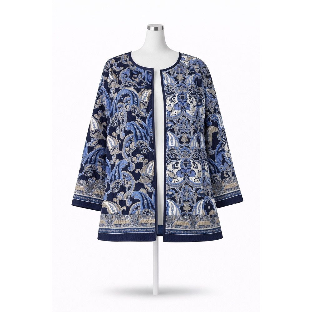 Catherines Jacket Womens 3X Blue Paisley Quilted Open Front Lined Mid Length